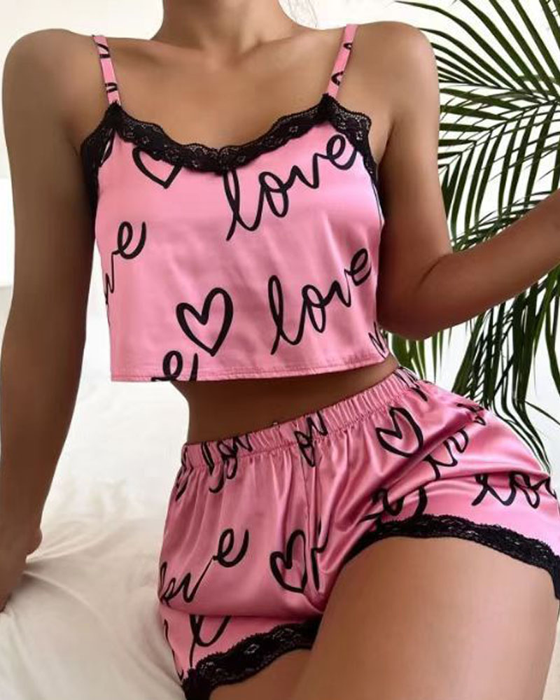 

Letter Heart Print Contrast Lace Cami Set, Pink