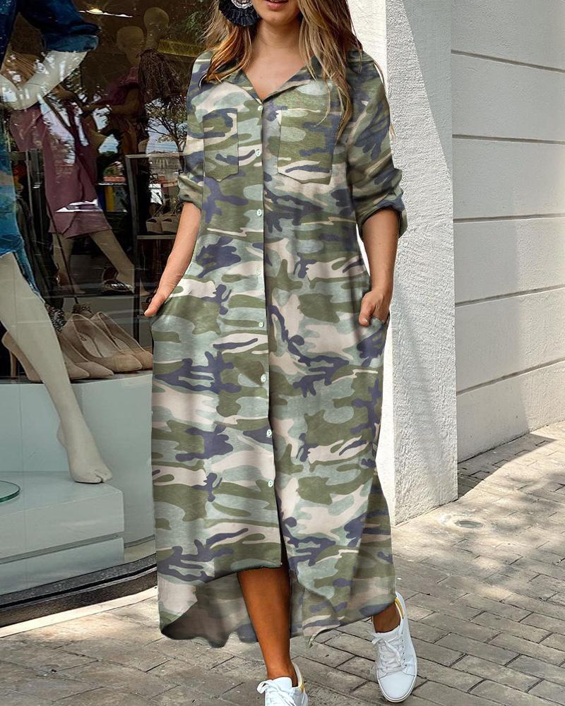 

Camouflage Print Pocket Design Maxi Dress, Camoflage