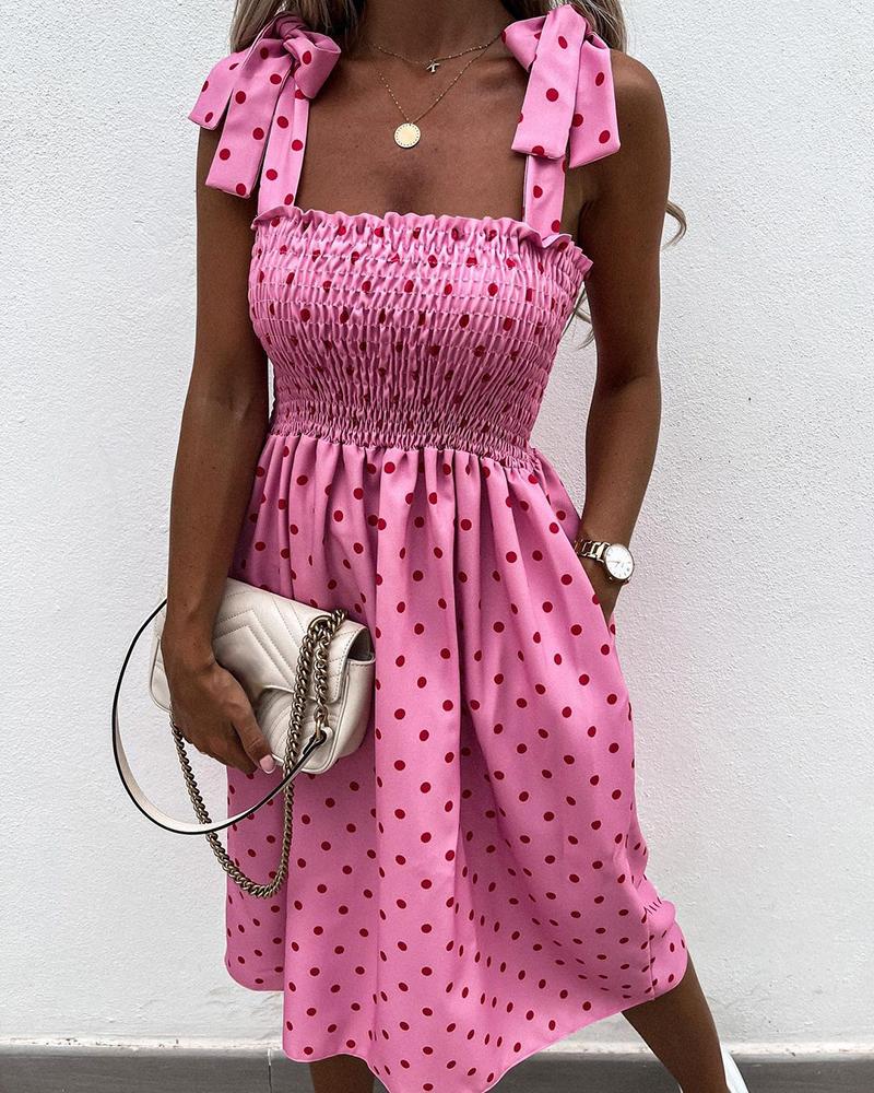 

Polkadot Print Tied Detail Shirred Dress, Pink