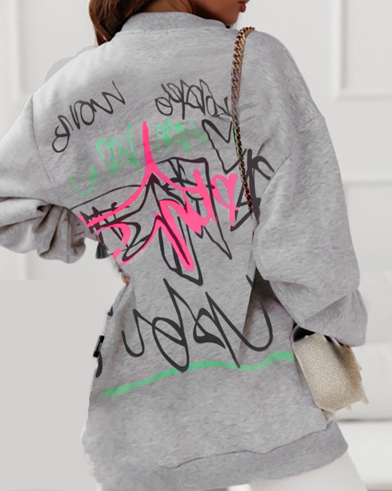 

Letter Graphic Print Long Sleeve Zipper Design Coat, Gray