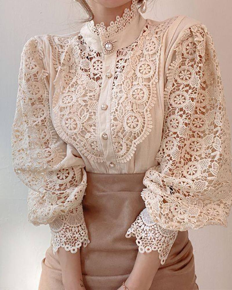 

Guipure Lace Lantern Sleeve Button Design Top, Beige