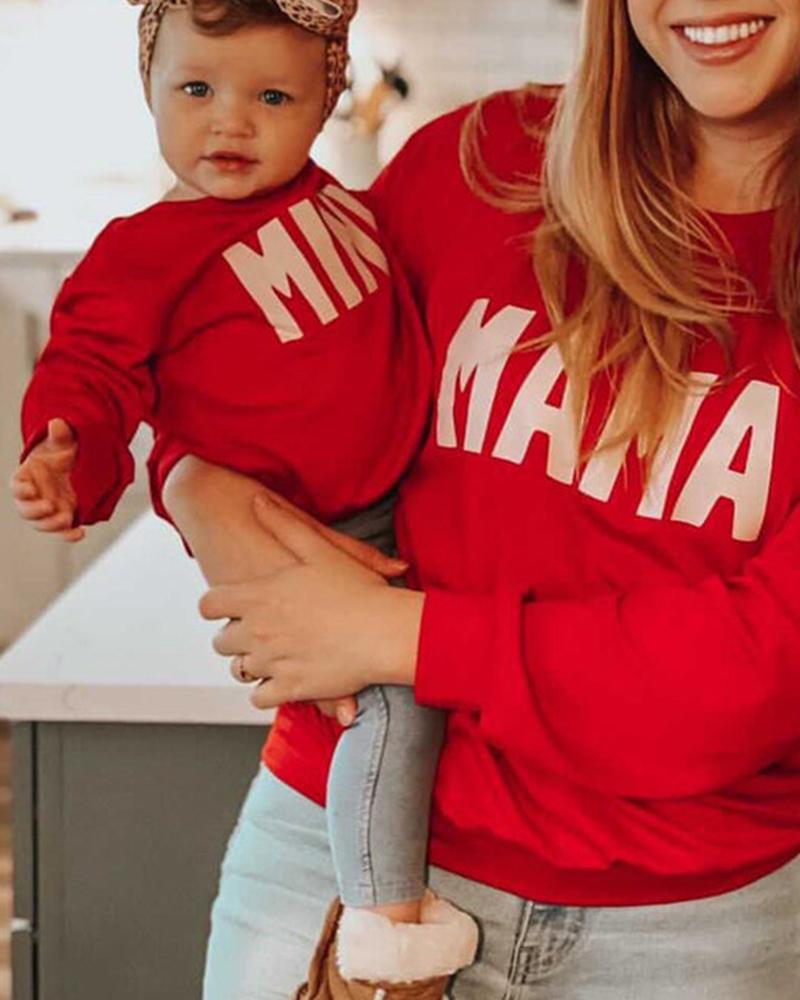 

Long Sleeve O Neck Letter Print Casual Top For Women, Red