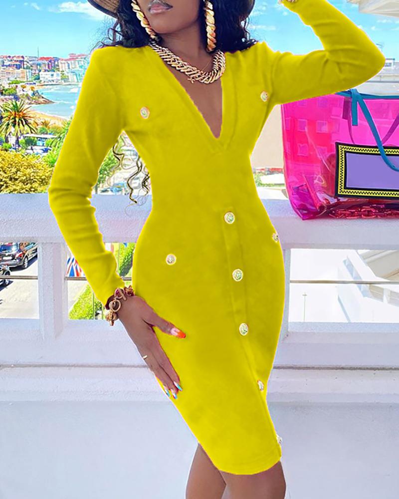 

Button Decor Long Sleeve Work Dress, Yellow