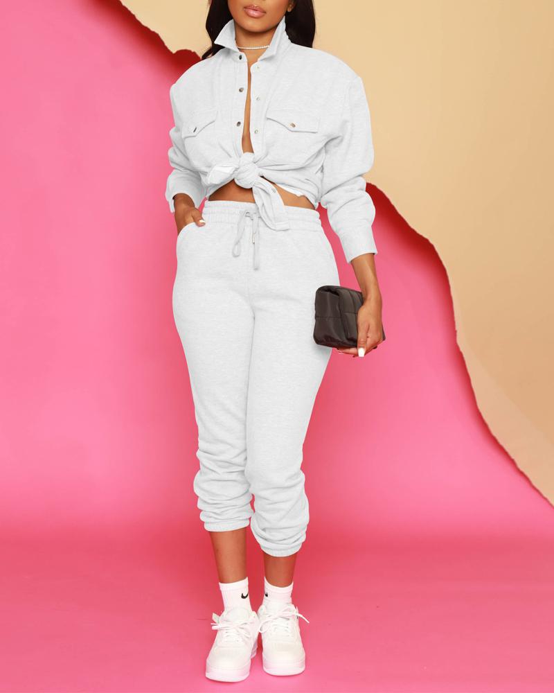 

Long Sleeve Buttoned Top & Drawstring Pants Set, White