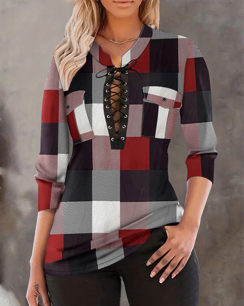 

Plaid Print Colorblock Eyelet Lace-up Stand Collar Top, Red