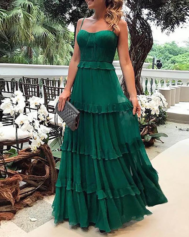 

Ruffles Ruched Spaghetti Strap Maxi Dress, Green