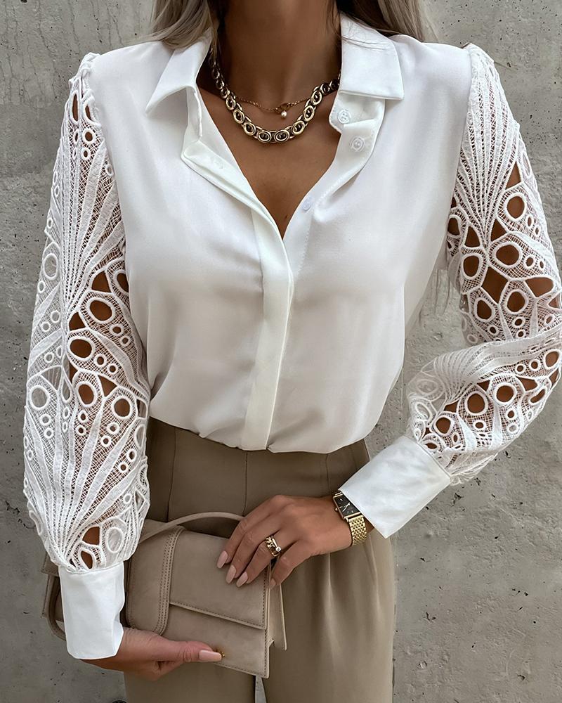 

Lace Patch Buttoned Long Sleeve Shirt, White