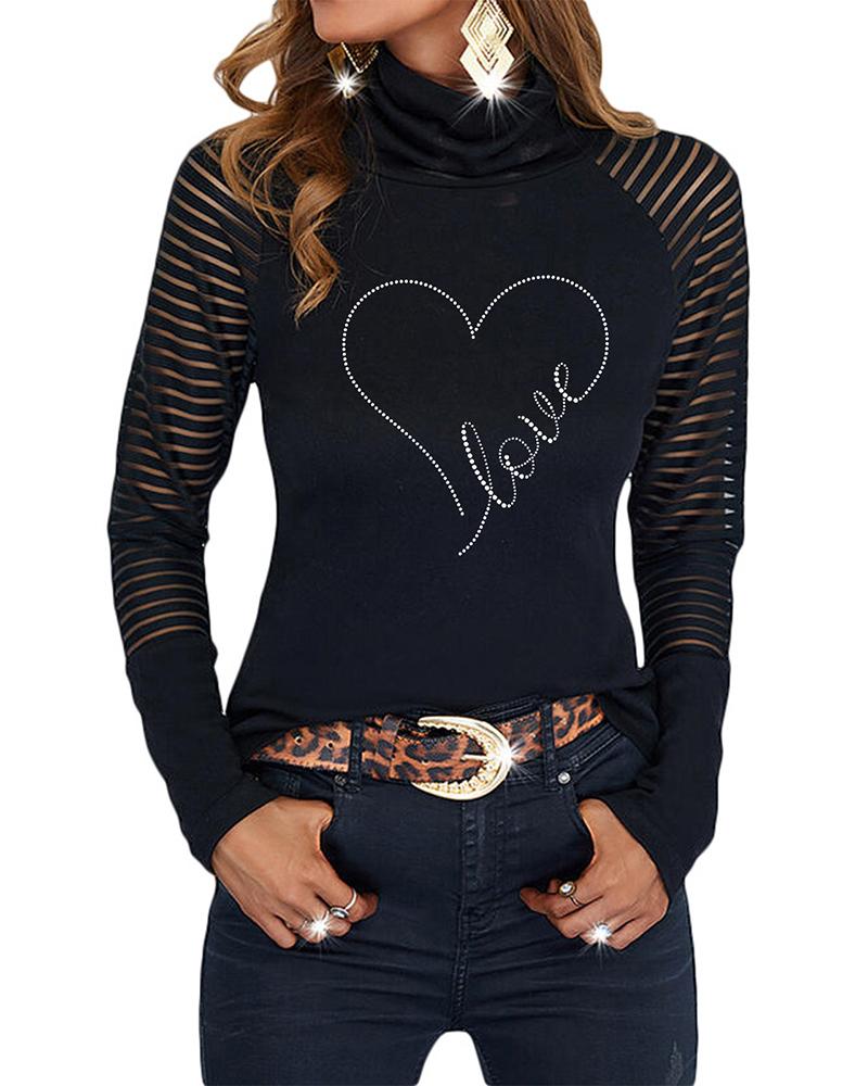 

Valentine' Day Mesh Patch Mock Neck Rhinestone Top, Style5