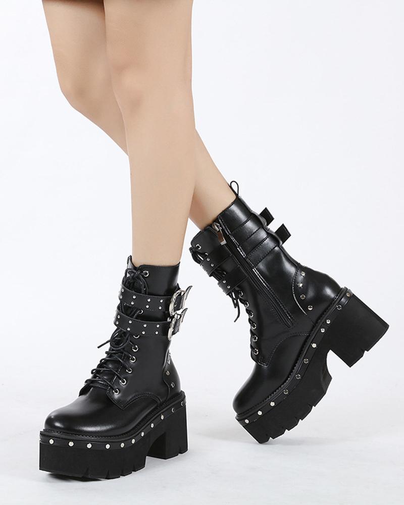 

Womens Round Toe Wax Finish Side Zipper Platform Martin Boots, Black