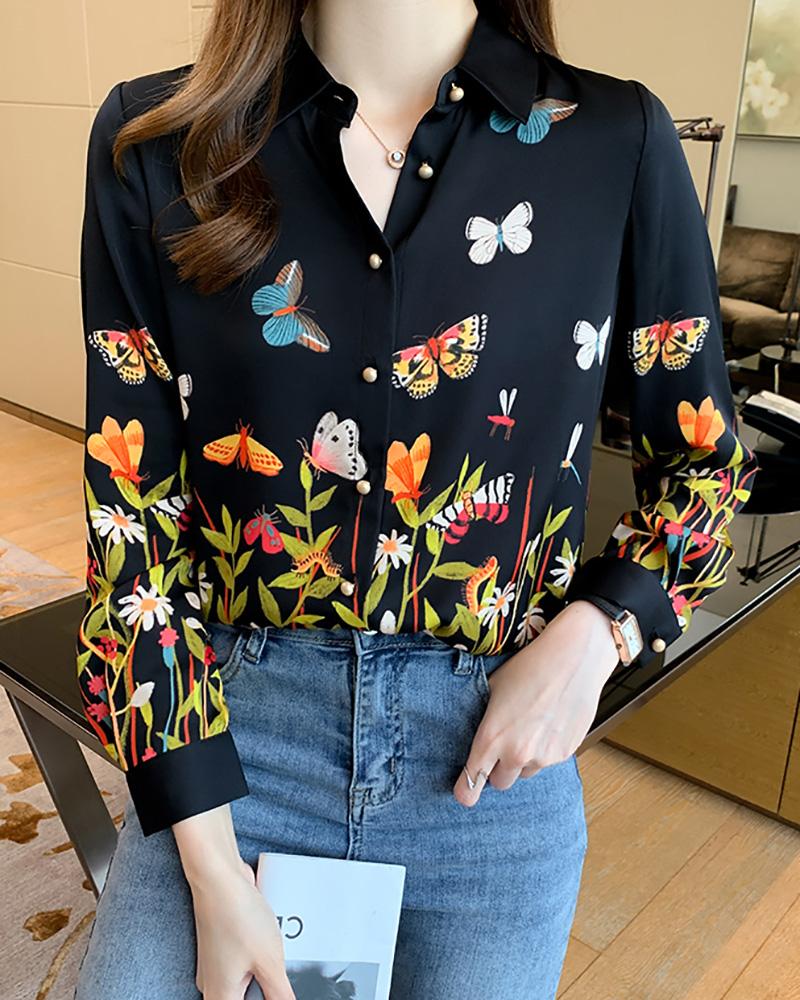 

Buttoned Long Sleeve Butterfly Print Shirt, Black