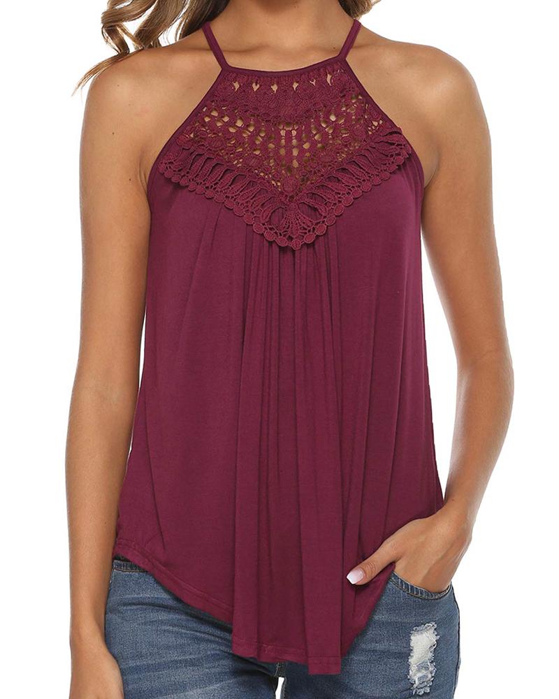 

Spaghetti Strap Halter Lace Flowy Tank Tops, Wine red