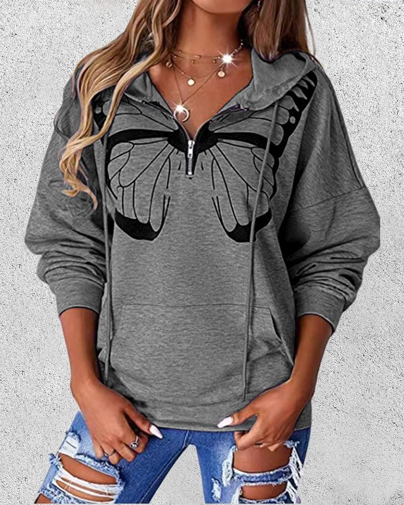 

Butterfly Print Zip Front Drawstring Hoodie, Gray