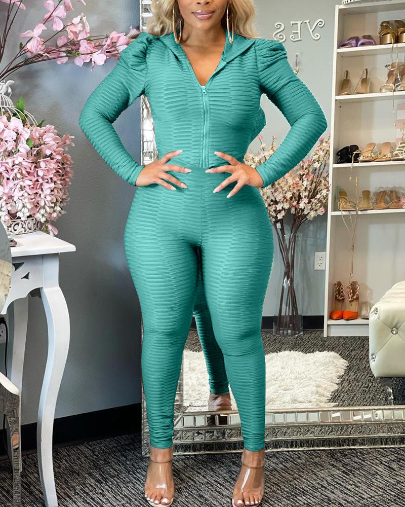 

Textured Puff Sleeve Hooded Zip Up Top & Pants Set, Green