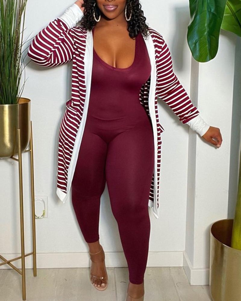 

Striped Open Front Longline Coat, Wine red