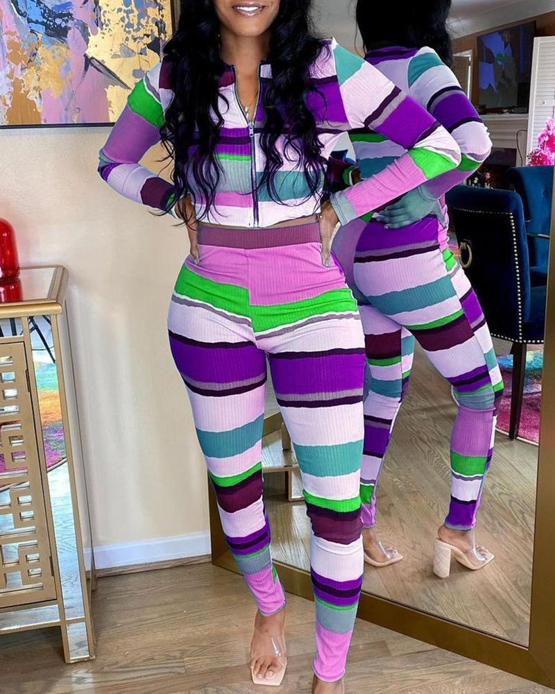 

Ribbed Zipper Front Striped Print Crop Top & Pants Set, Purple
