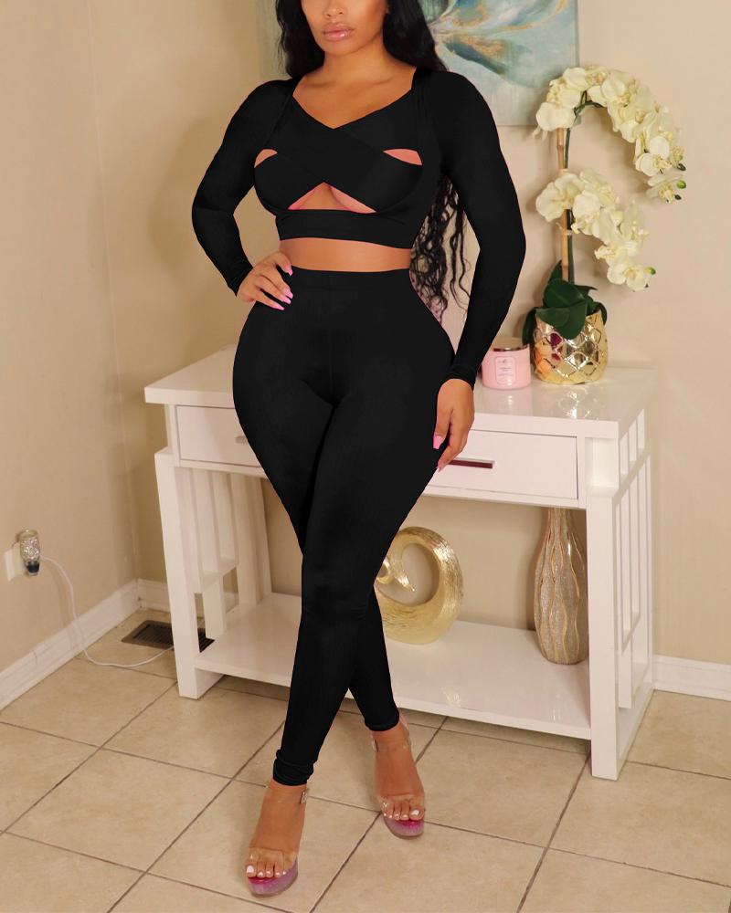 

Long Sleeve Cutout Wrap Crop Top & Skinny Pants Set, Black