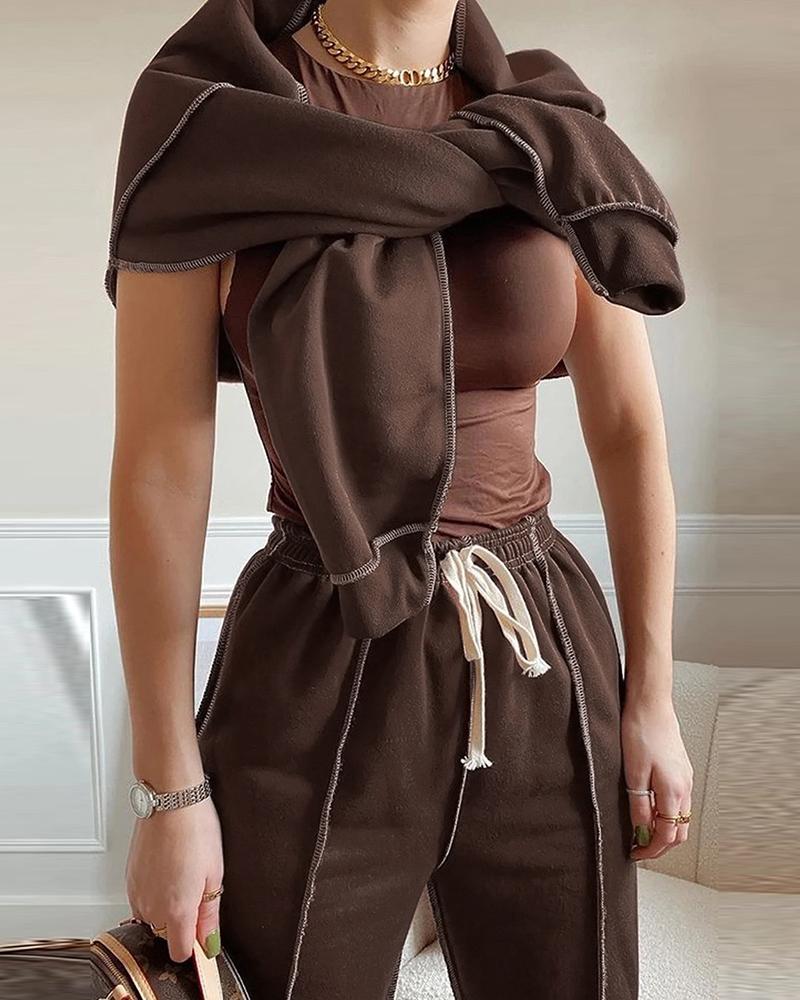 

Contrast Piping Long Sleeve Top & Drawstring Pants Set, Brown