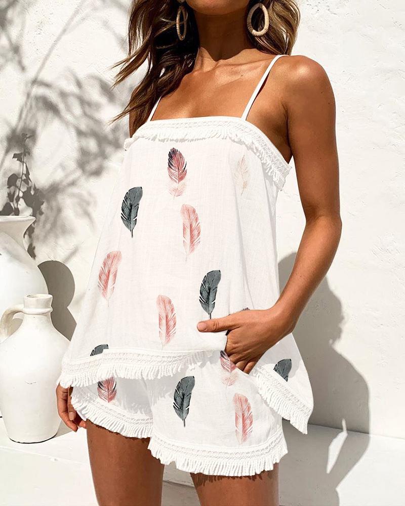 

Feather Print Tassel Trim Cami Top & Shorts Set, White