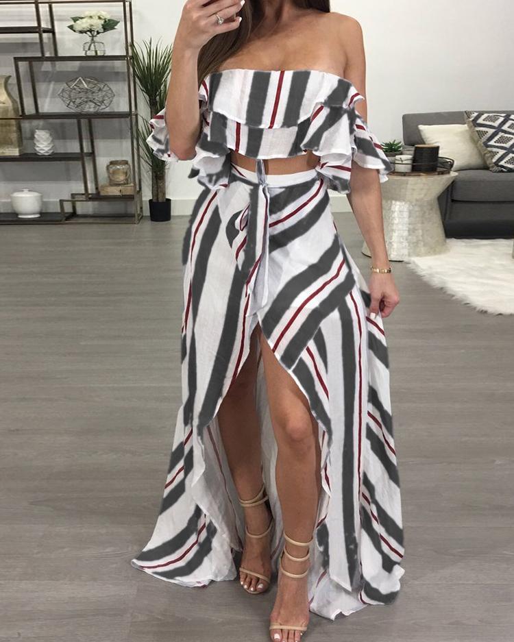 

Stripes Frills Layered Cropped High Slit Two-Pieces Dress, Gray