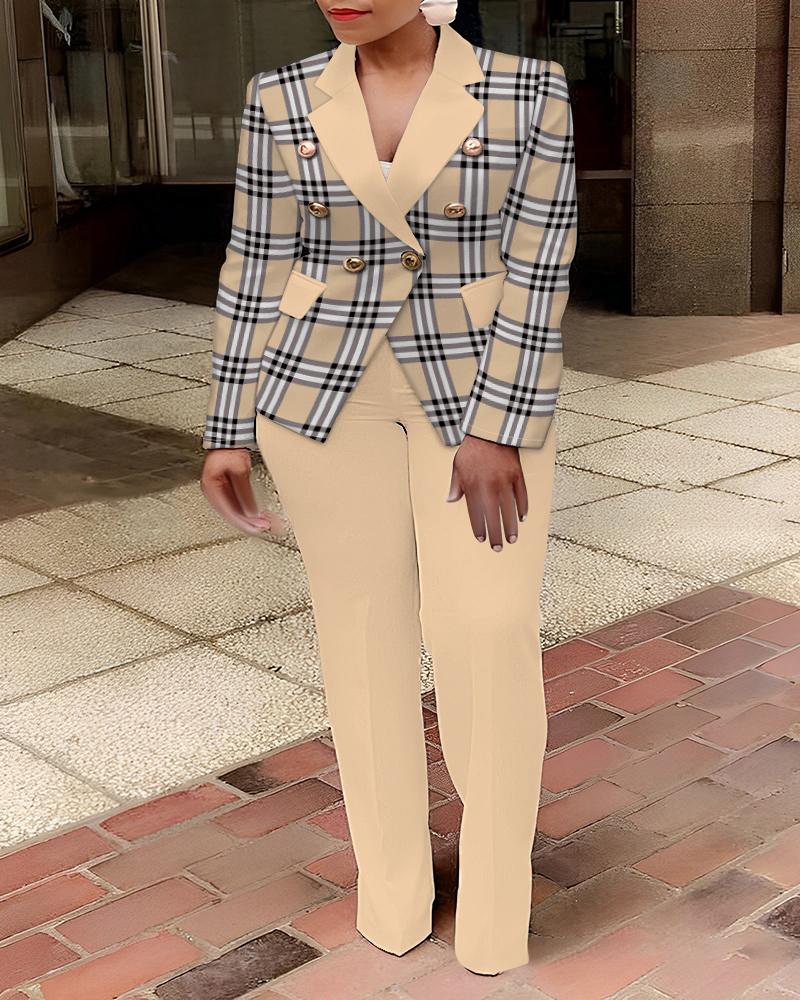 

Plus Size Plaid Print Double Breasted Blazer Coat & Pants Set, Apricot