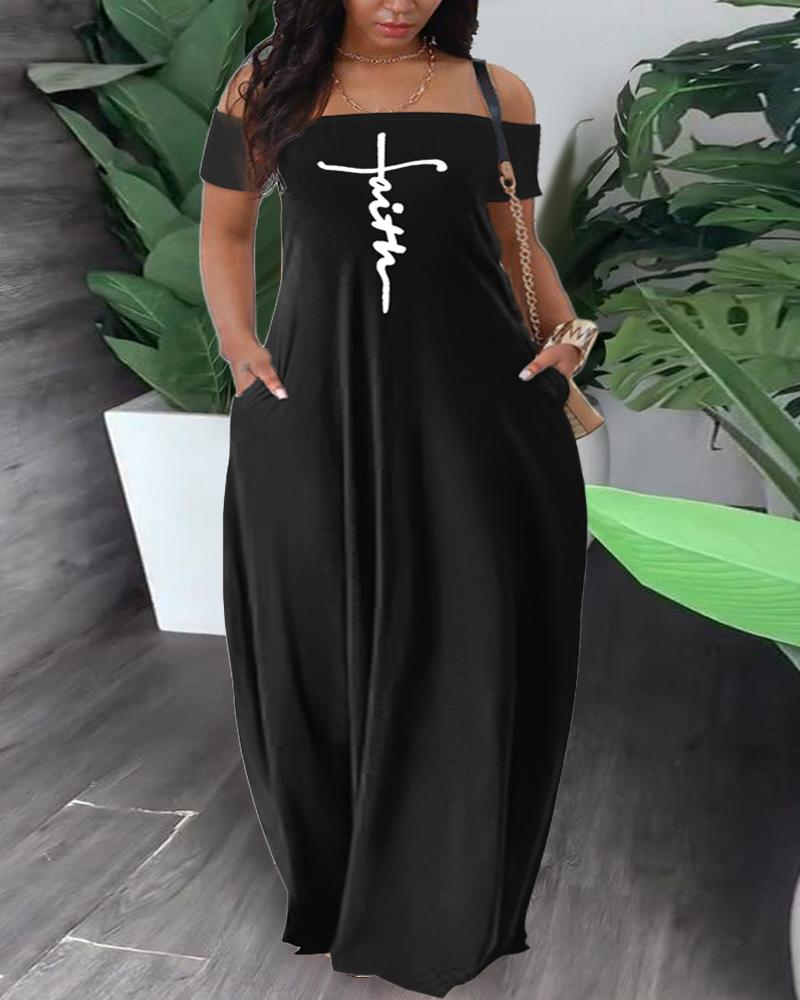 

Plus Size Faith Print Off Shoulder Maxi Dress, Black