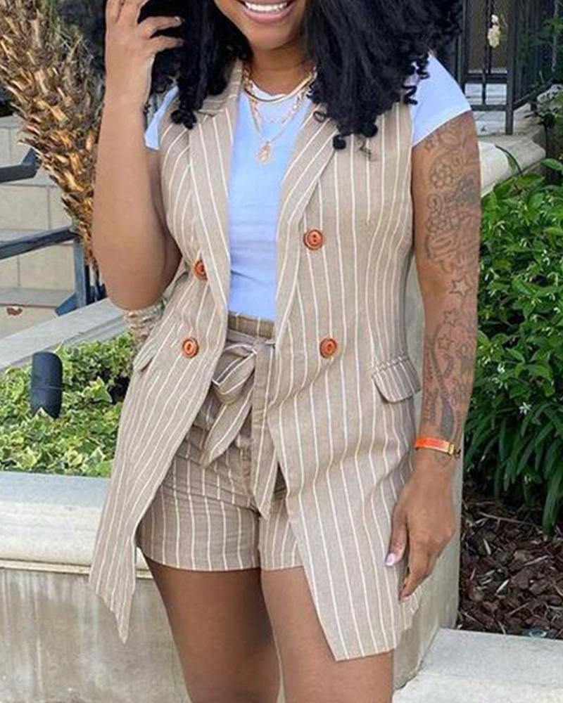 

Plus Size Striped Print Double Breasted Vest Blazer & Shorts Set, Khaki