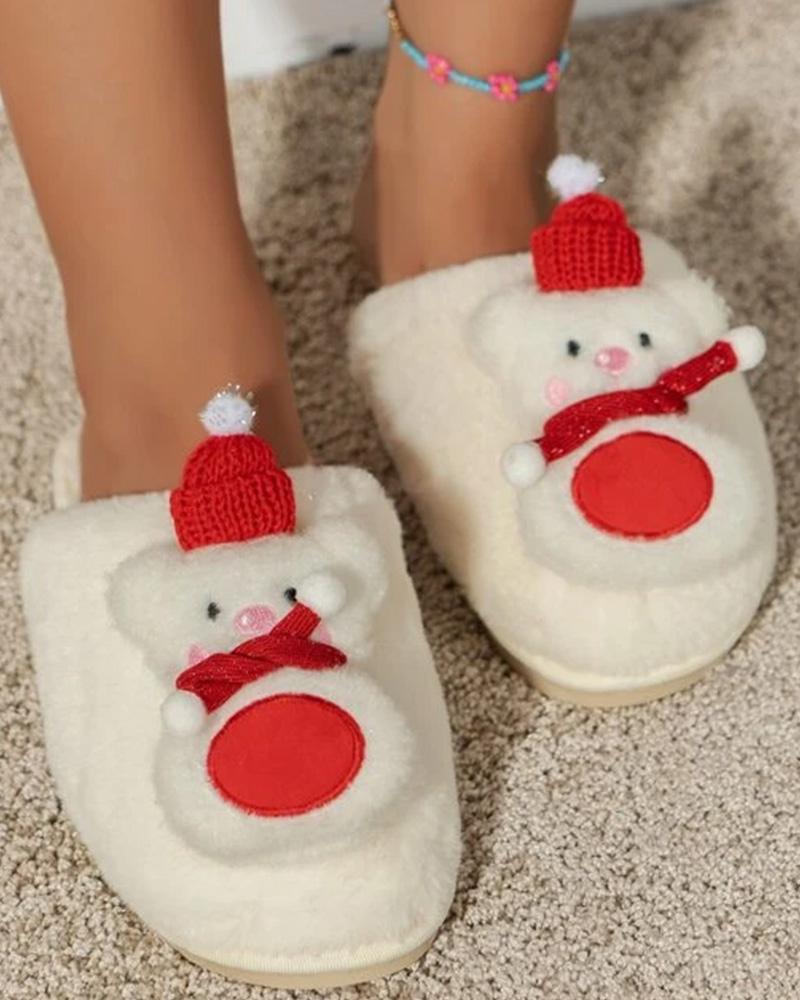 

Christmas Bear Snowman Pattern Fluffy Slippers, Beige