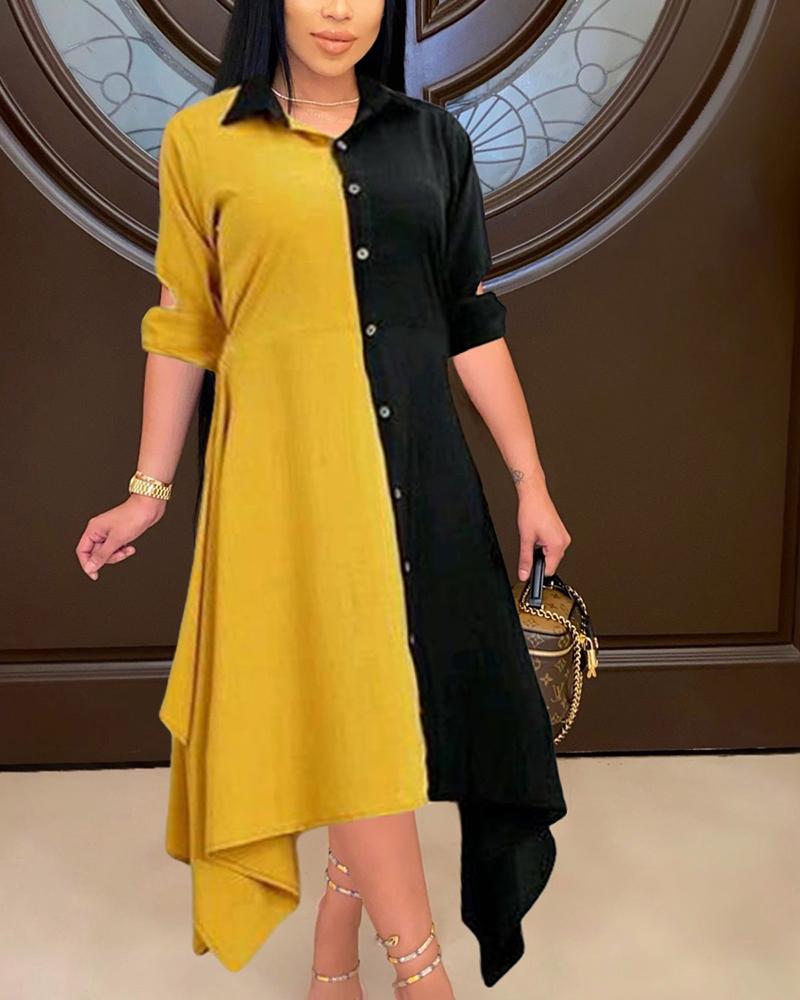 

Colorblock Asymmetrical Hem Button Up Shirt Dress, Yellow