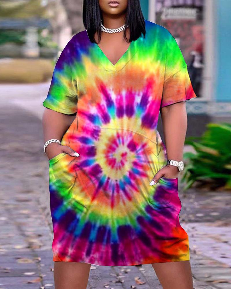 

Plus Size Tie Dye Print Pocket Detail Casual Dress, Multicolor