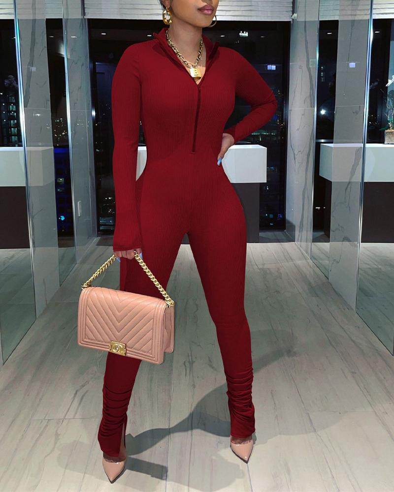 

Long Sleeve Zip Detail Skinny Jumpsuit, Red