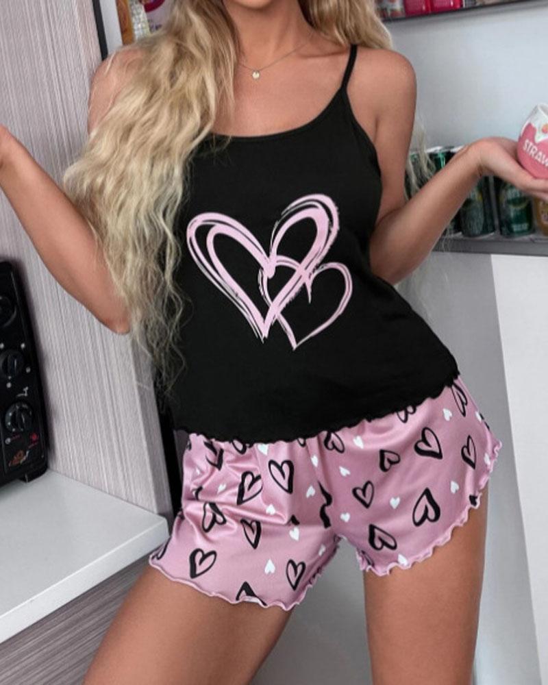 

Heart Print Scoop Neck Cami Set, Pink