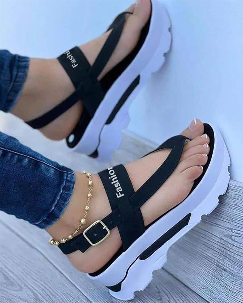 

Toe Post Letter Pattern Buckled Platform Sandals, Black