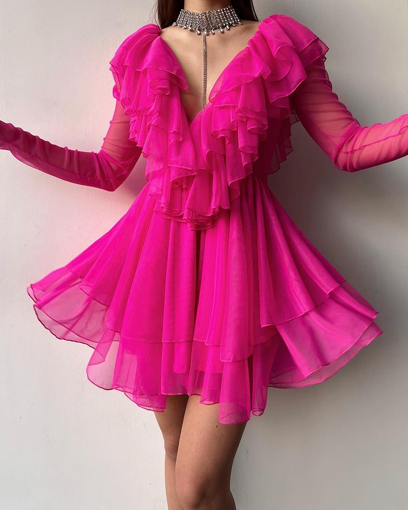

Ruffle Hem Sheer Mesh Layered Dress, Hot pink