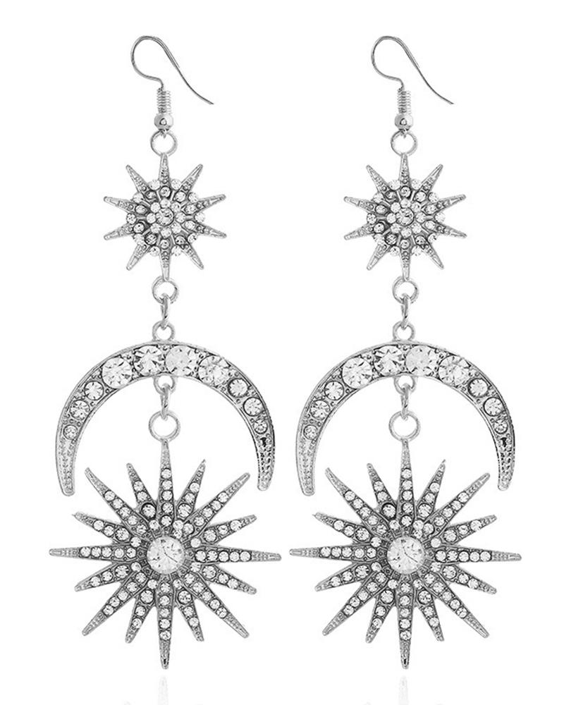 

1Pair Sun Moon Rhinestone Decor Drop Earrings, Silver