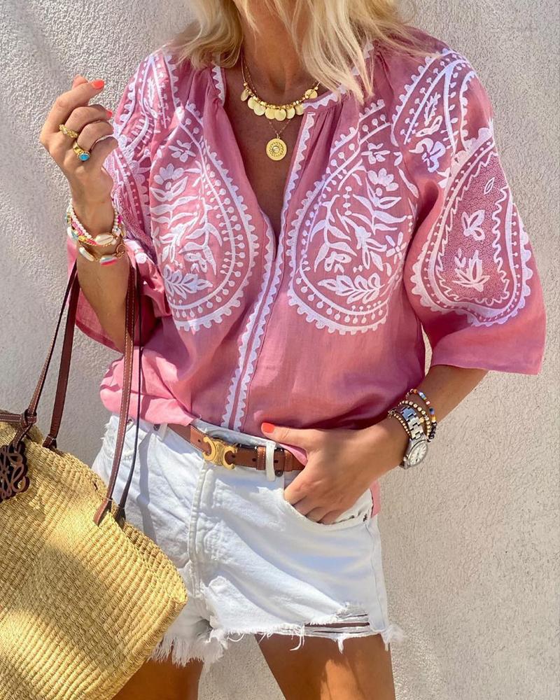 

Tribal Print Ruched Detail Shirt, Pink