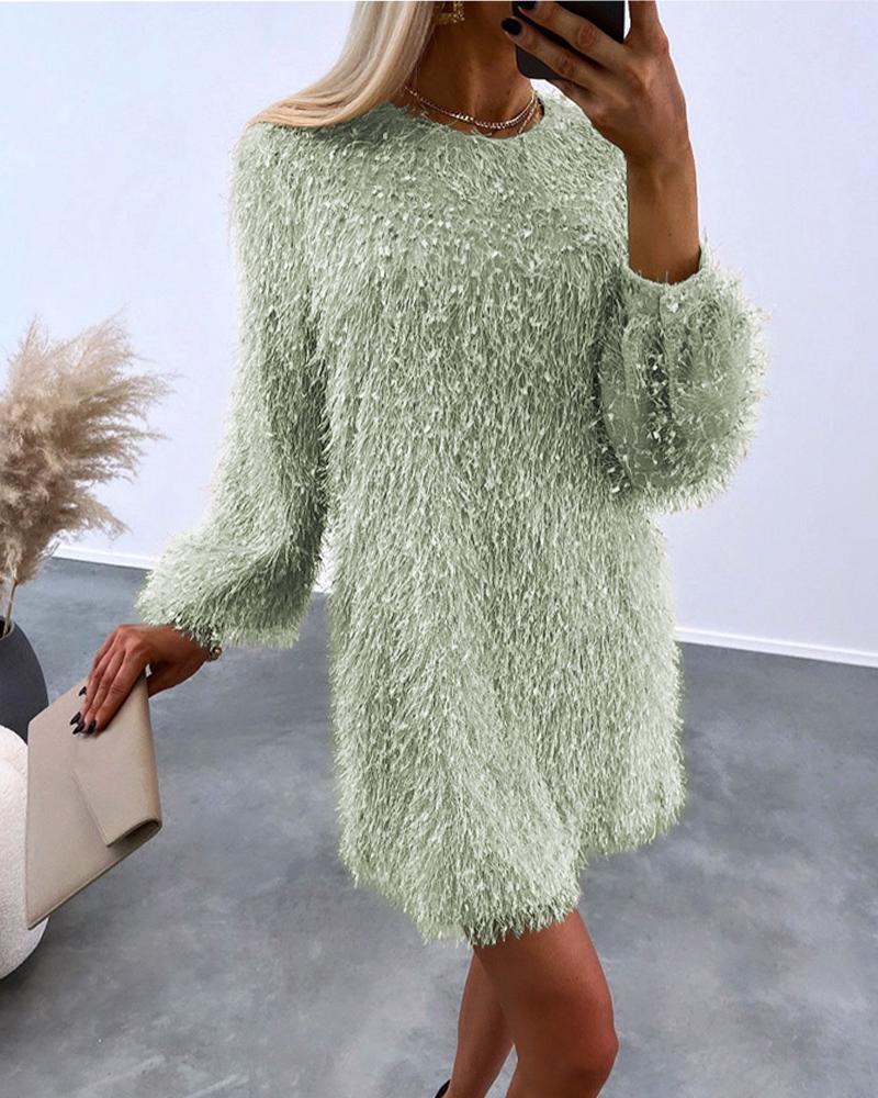 

Fluffy Long Sleeve Casual Dress, Light green