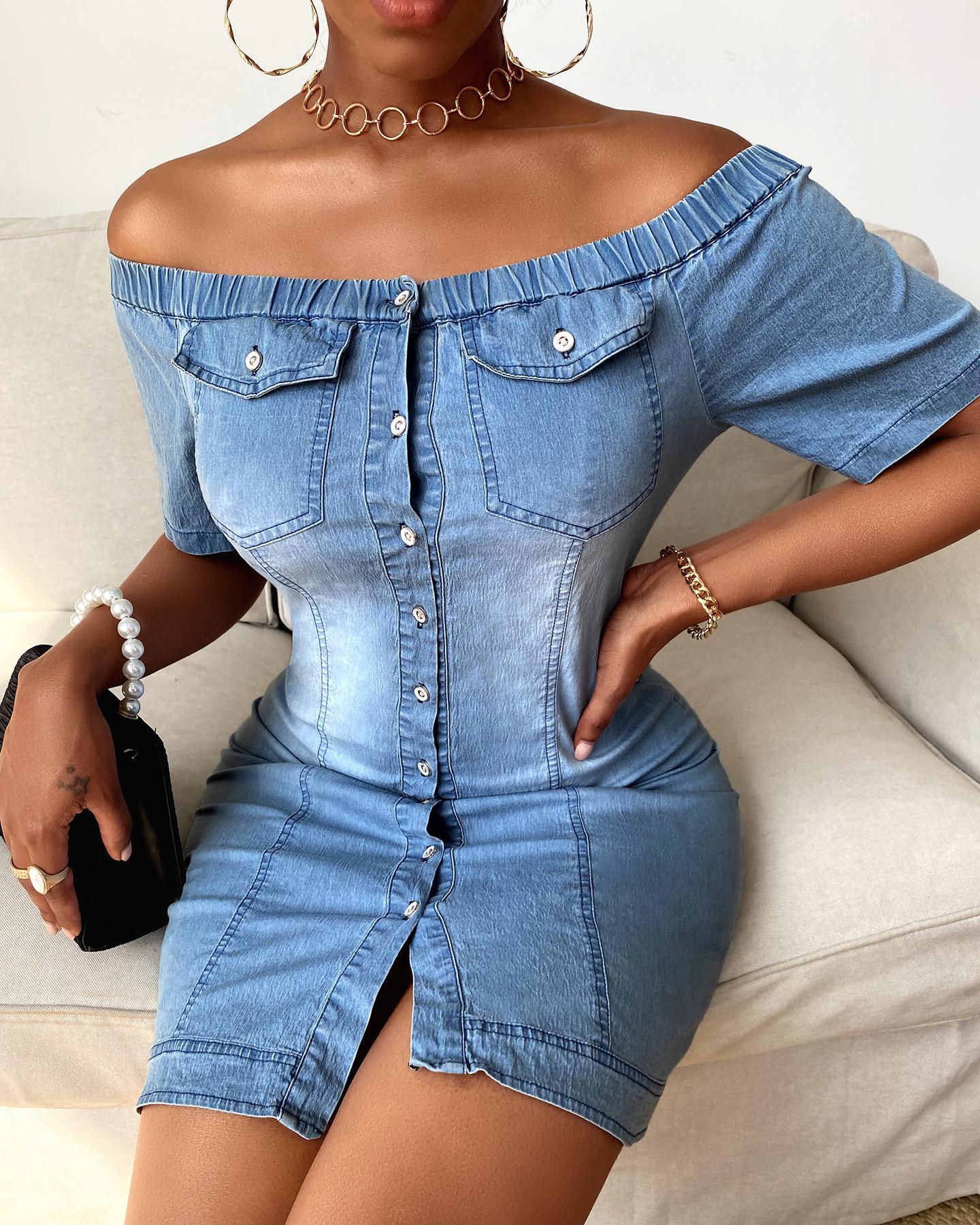 

Off Shoulder Buttoned Denim Bodycon Dress, Blue