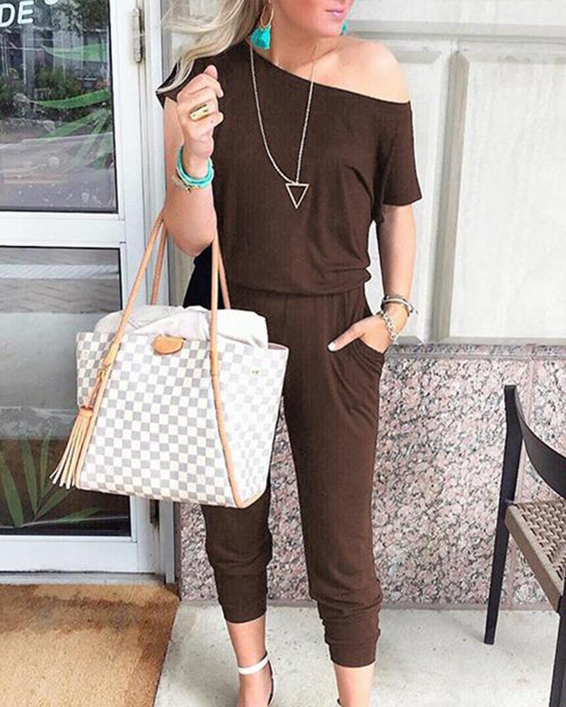 

One Shoulder Short Sleeve Jumpsuit, Coffee