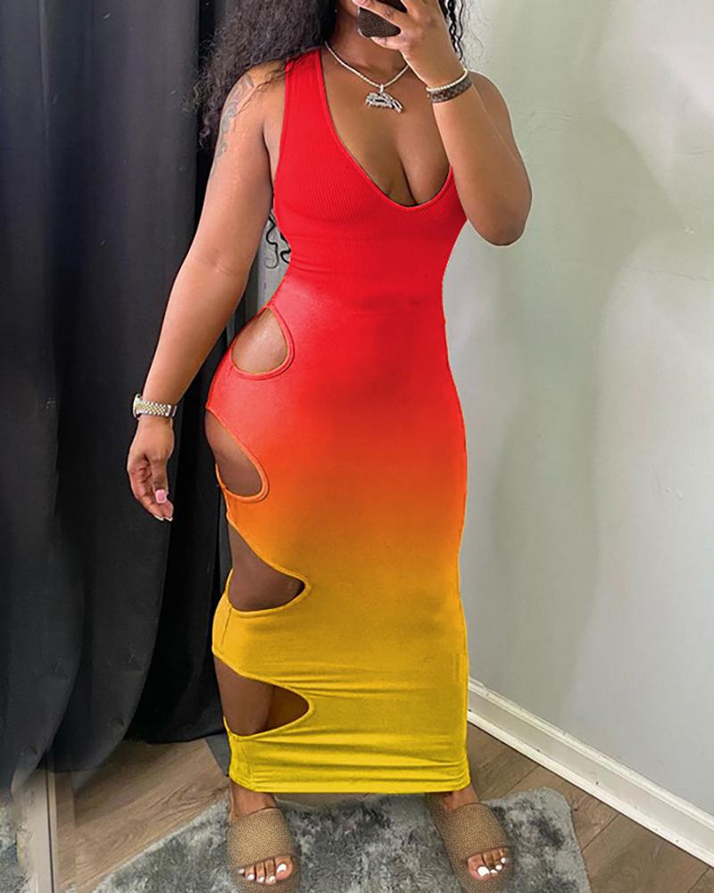

Ombre Colorblock Cutout Sleeveless Maxi Dress, Red