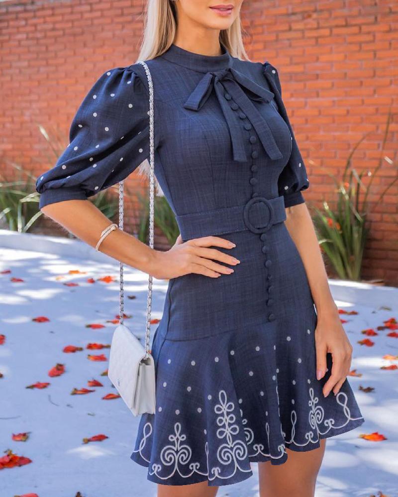 

Polkadot Graphic Print Button Front Casual Dress, Dark blue
