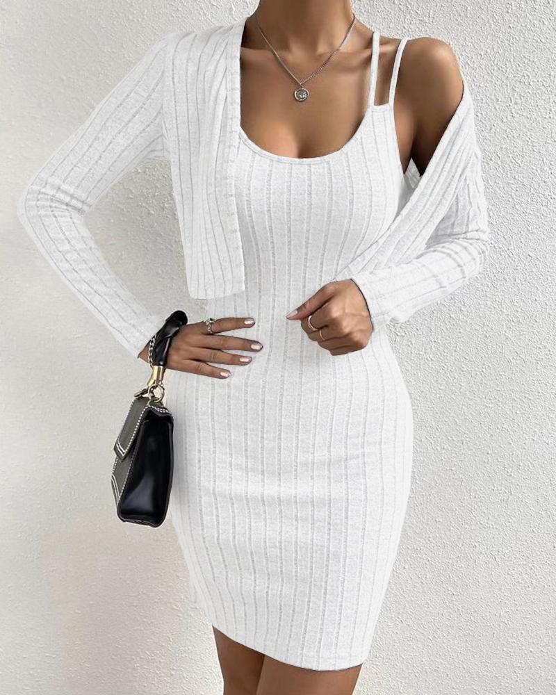 

Ribbed Double Strap Bodycon Dress & Cardigan Set, White