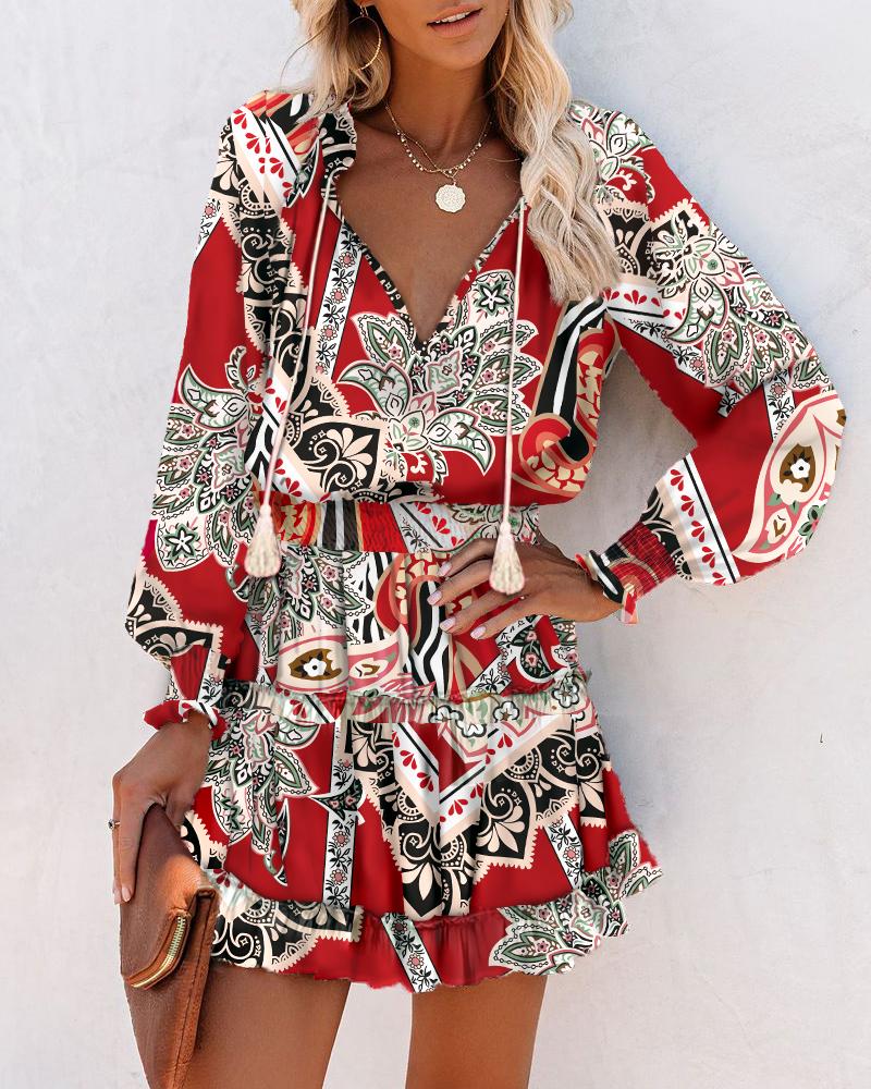 

Baroque Print Long Sleeve Ruffles Shirred Casual Dress, Red