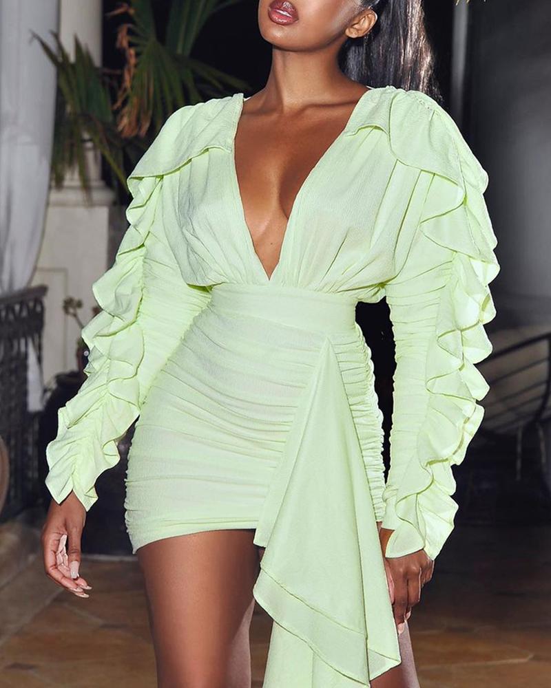 

Ruffles Ruched Plunge Draped Bodycon Dress, Green