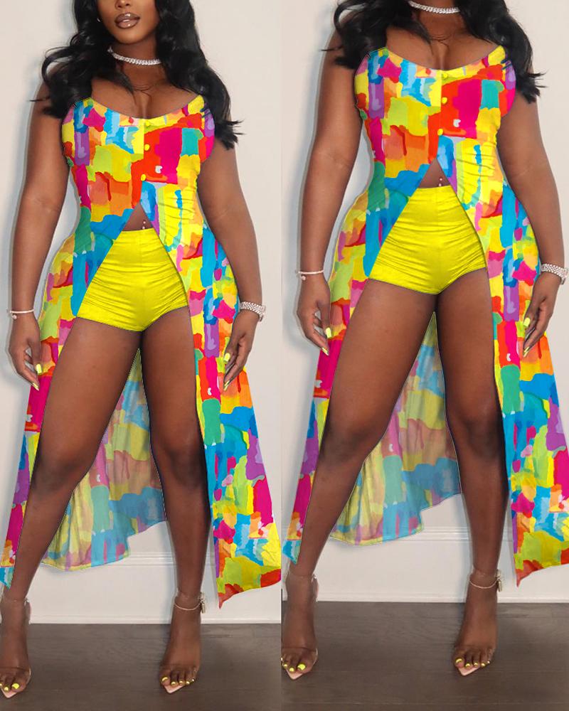 

Melting Colors All Over Print Longline Slit Top & Shorts Set, Yellow