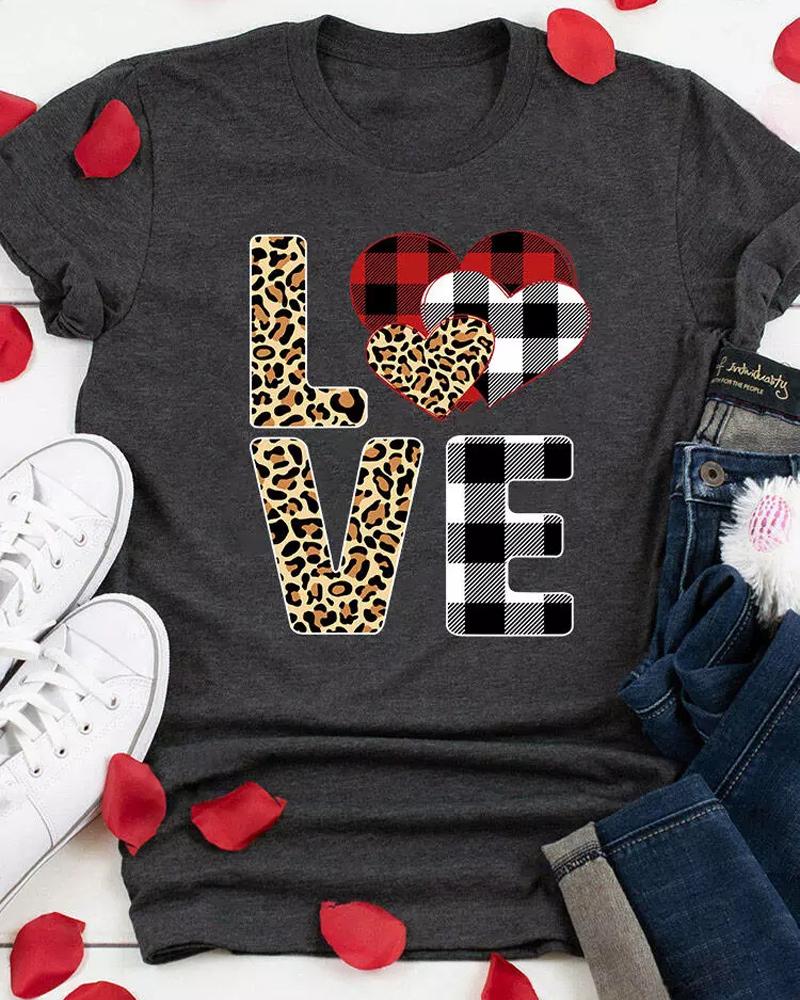 

Valentine' Day Love Heart Print Casual T-shirt, Dark grey