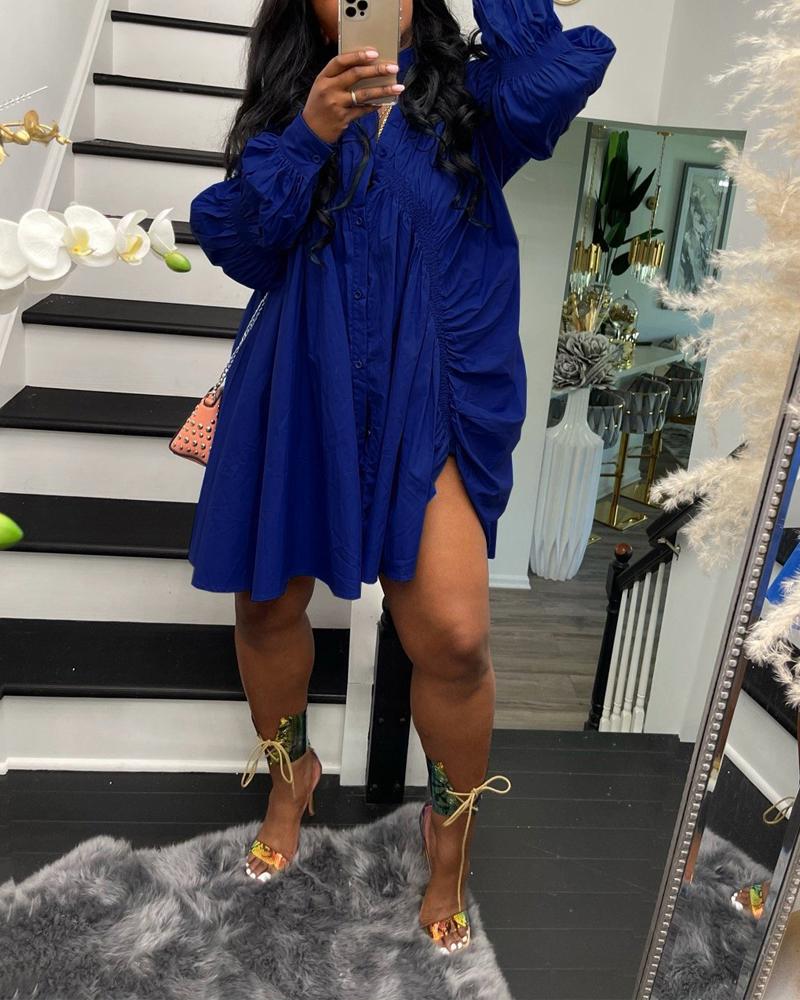 

Shirred Ruched Design Button Front Shirt Dress, Blue