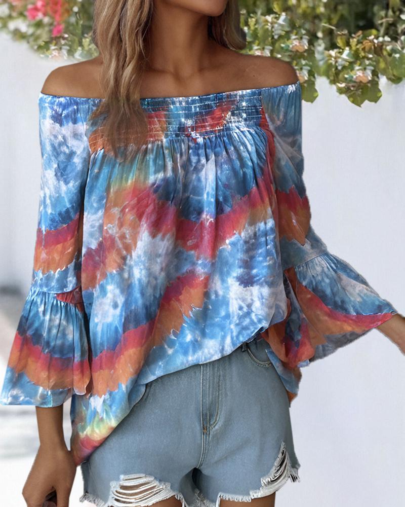 

Floral Print Shirred Round Neck Top, Blue