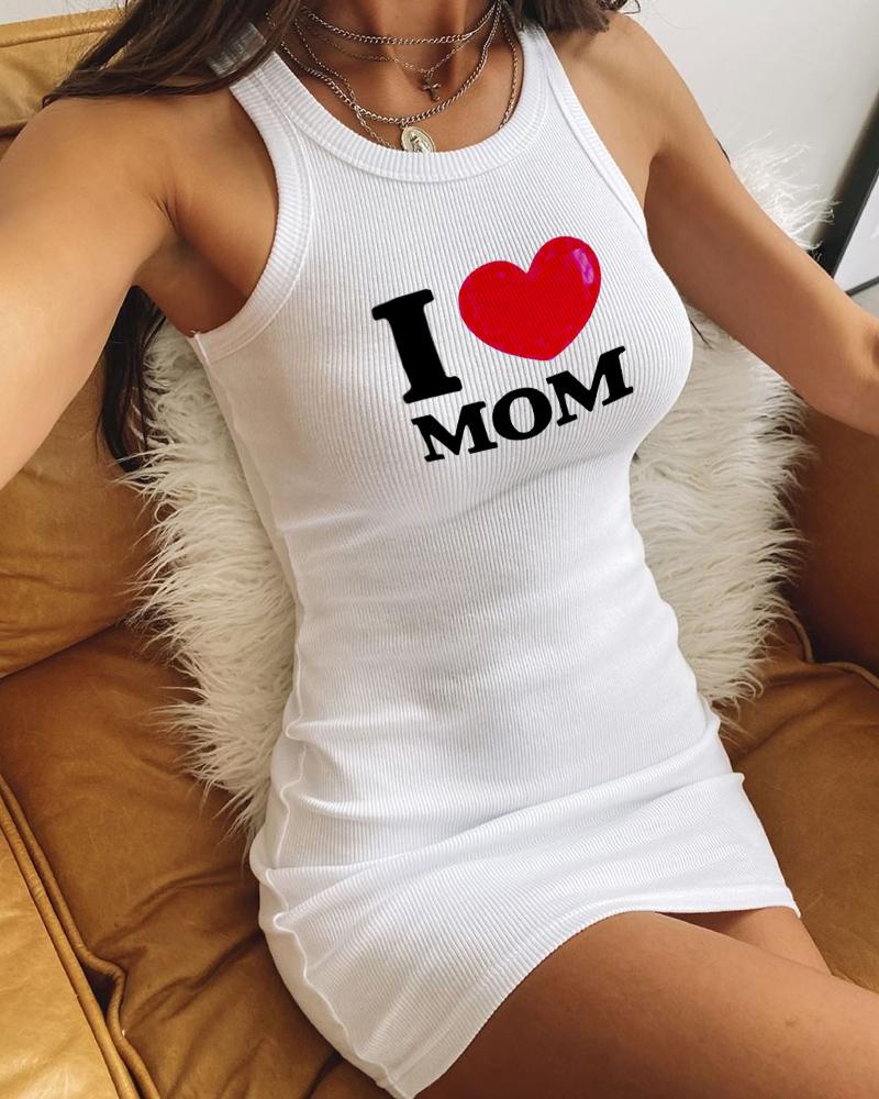 

Mother' Day Letter Heart Print Ribbed Tank Dress, White