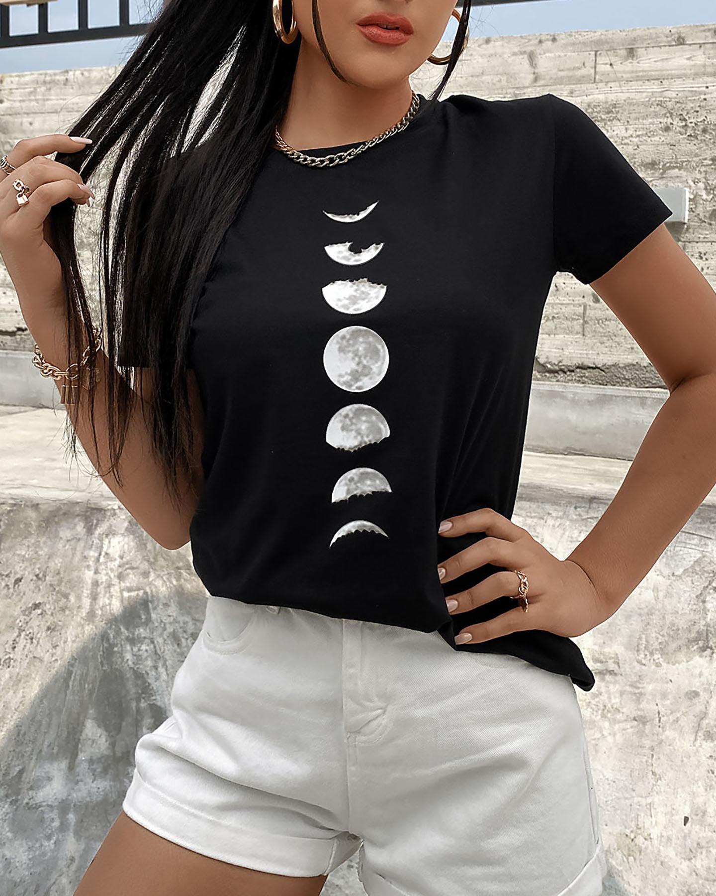 

Moon Print Short Sleeve Casual T-shirt, Black