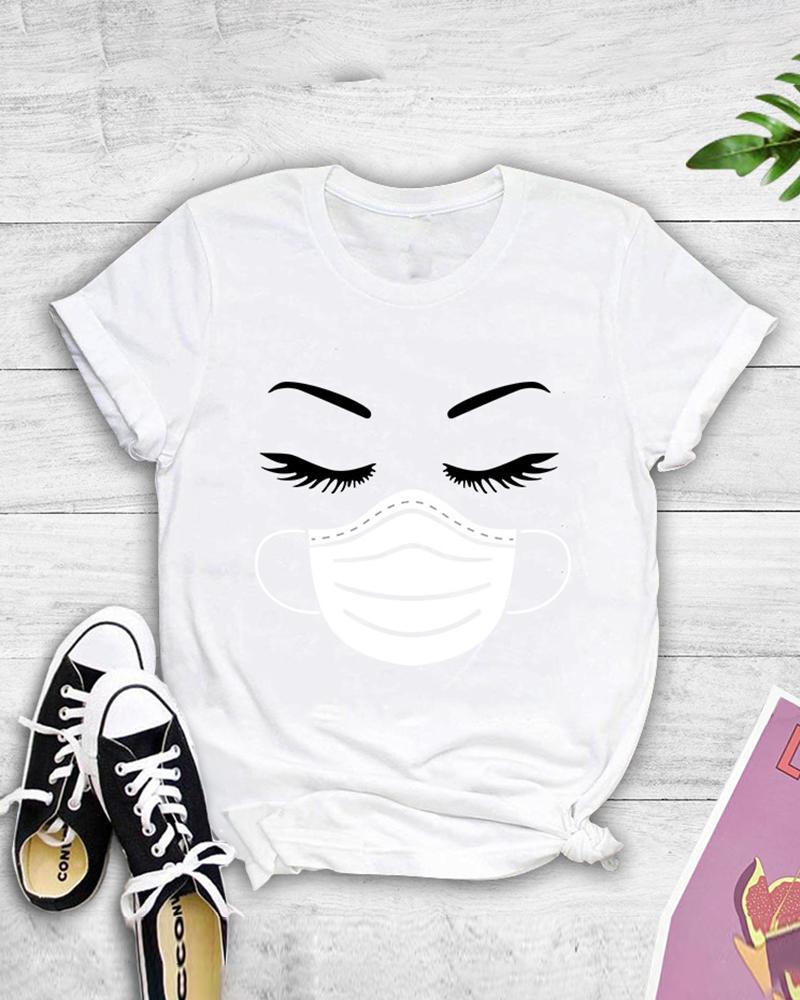 

Eyelash Mask Print Short Sleeve Casual T-shirt, White